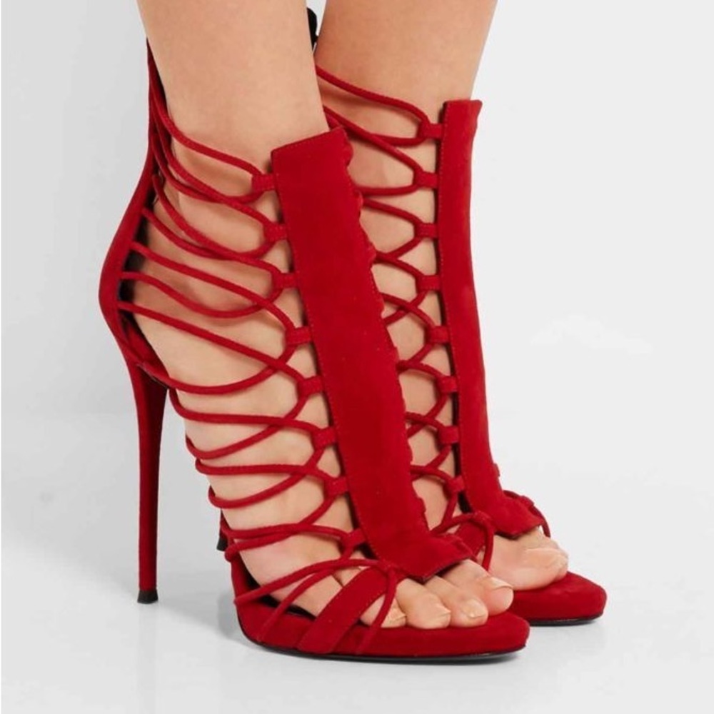 NWOB Giuseppe Zanotti Red Suede Zoey Cage Sandal Stiletto Heels Size 8